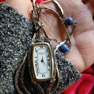 Gucci Sterling Silver and Genuine Lapis Necklace with Working Watch Pendant.